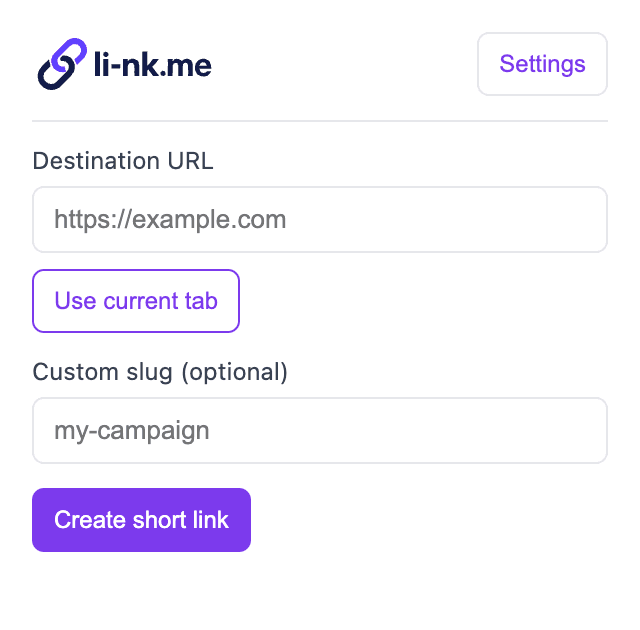 li-nk.me Chrome extension popup with destination URL, Use current tab, custom slug, and Create short link button