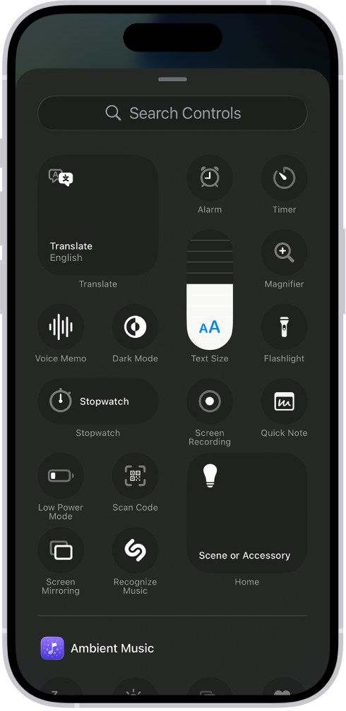 Control Center controls gallery with Scan Code button on iPhone