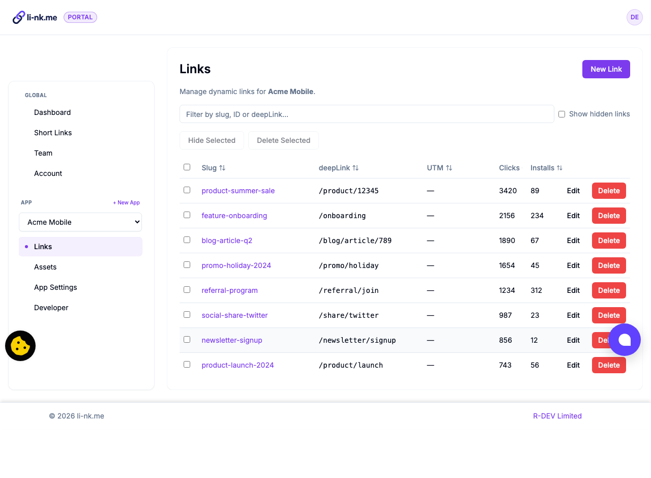 Portal interface showing smart link management and creation