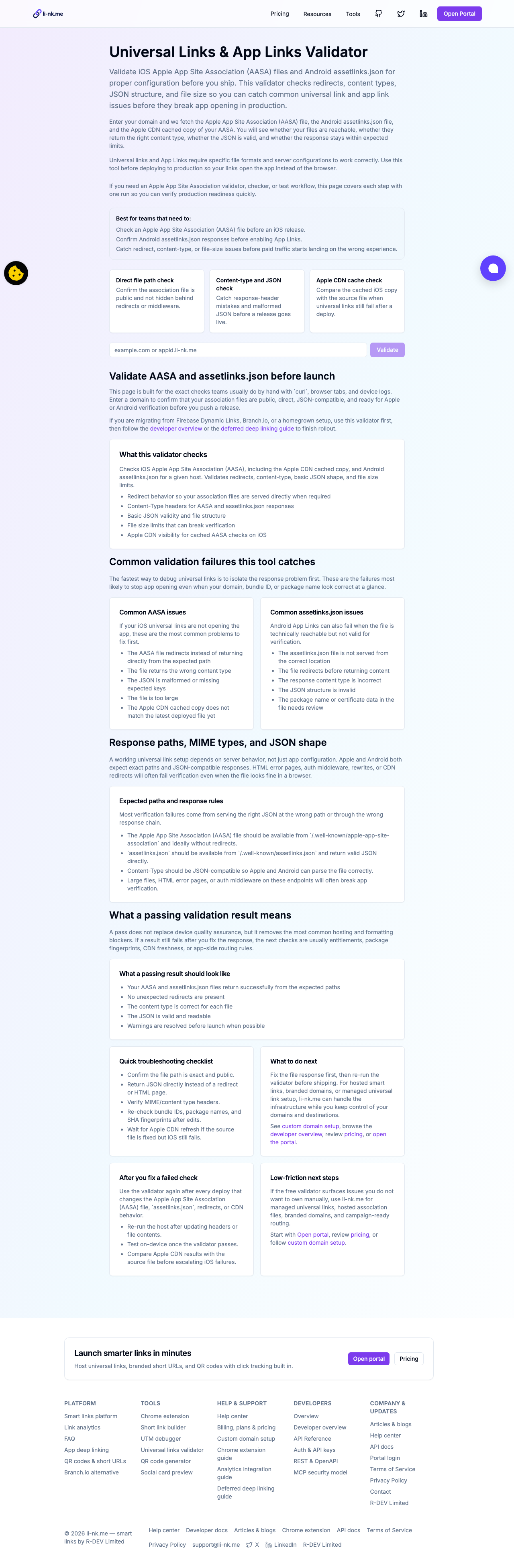 Universal links validator screen with domain check results
